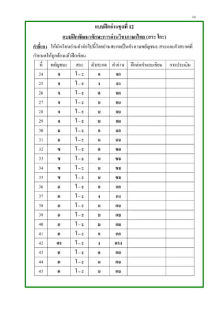 49
แบบฝึกอ่านชุดที่ 12
แบบฝึกพัฒนาทักษะการอ่านวิชาภาษาไทย (สระ โอะ)
คาชี้แจง ให้นักเรียนอ่านคาต่อไปนี้โดยอ่านสะกดเป็นคา ตามพยัญชนะ สระและตัวสะกดที่
กาหนดให้ถูกต้องแล้วฝึกเขียน
ที่ พยัญชนะ สระ ตัวสะกด คาอ่าน ฝึกต่อคาและเขียน การประเมิน
24 จ โ – ะ ก จก
25 จ โ – ะ ง จง
26 จ โ – ะ ด จด
27 จ โ – ะ น จน
28 จ โ – ะ บ จบ
29 จ โ – ะ ม จม
30 ฉ โ – ะ ก ฉก
31 ฉ โ – ะ น ฉน
32 ซ โ – ะ ด ซด
33 ซ โ – ะ น ซน
34 ซ โ – ะ บ ซบ
35 ซ โ – ะ ม ซม
36 ด โ – ะ ก ดก
37 ด โ – ะ ง ดง
38 ด โ – ะ น ดน
39 ด โ – ะ บ ดบ
40 ด โ – ะ ม ดม
41 ต โ – ะ ก ตก
42 ตร โ – ะ ง ตรง
43 ต โ – ะ ด ตด
44 ต โ – ะ น ตน
45 ต โ – ะ บ ตบ
 