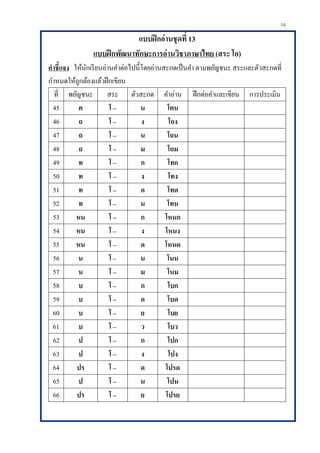 56
แบบฝึกอ่านชุดที่ 13
แบบฝึกพัฒนาทักษะการอ่านวิชาภาษาไทย (สระ โอ)
คาชี้แจง ให้นักเรียนอ่านคาต่อไปนี้โดยอ่านสะกดเป็นคา ตามพยัญชนะ สระและตัวสะกดที่
กาหนดให้ถูกต้องแล้วฝึกเขียน
ที่ พยัญชนะ สระ ตัวสะกด คาอ่าน ฝึกต่อคาและเขียน การประเมิน
45 ต โ – น โตน
46 ถ โ – ง โถง
47 ถ โ – น โถน
48 ถ โ – ม โถม
49 ท โ – ก โทก
50 ท โ – ง โทง
51 ท โ – ด โทด
52 ท โ – น โทน
53 หน โ – ก โหนก
54 หน โ – ง โหนง
55 หน โ – ด โหนด
56 น โ – น โนน
57 น โ – ม โนม
58 บ โ – ก โบก
59 บ โ – ด โบด
60 บ โ – ย โบย
61 บ โ – ว โบว
62 ป โ – ก โปก
63 ป โ – ง โปง
64 ปร โ – ด โปรด
65 ป โ – น โปน
66 ปร โ – ย โปรย
 