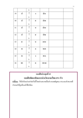 72
ว
59 ป ิั
ว
ง ปวง
60 ป ิั
ว
ด ปวด
61 ป ิั
ว
น ปวน
62 ป ิั
ว
ย ปวย
63 ผ ิั
ว
น ผวน
64 พ ิั
ว
ก พวก
65 พ ิั
ว
ง พวง
66 พร ิั
ว
ด พรวด
แบบฝึกอ่านชุดที่ 15
แบบฝึกพัฒนาทักษะการอ่านวิชาภาษาไทย (สระ อัว)
คาชี้แจง ให้นักเรียนอ่านคาต่อไปนี้โดยอ่านสะกดเป็นคา ตามพยัญชนะ สระและตัวสะกดที่
กาหนดให้ถูกต้องแล้วฝึกเขียน
 