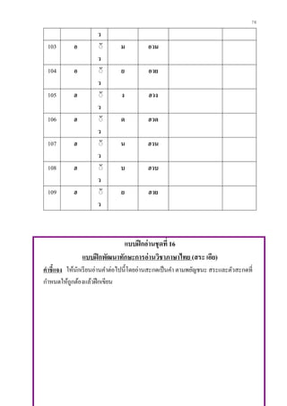 76
ว
103 อ ิั
ว
ม อวม
104 อ ิั
ว
ย อวย
105 ฮ ิั
ว
ง ฮวง
106 ฮ ิั
ว
ด ฮวด
107 ฮ ิั
ว
น ฮวน
108 ฮ ิั
ว
บ ฮวบ
109 ฮ ิั
ว
ย ฮวย
แบบฝึกอ่านชุดที่ 16
แบบฝึกพัฒนาทักษะการอ่านวิชาภาษาไทย (สระ เอีย)
คาชี้แจง ให้นักเรียนอ่านคาต่อไปนี้โดยอ่านสะกดเป็นคา ตามพยัญชนะ สระและตัวสะกดที่
กาหนดให้ถูกต้องแล้วฝึกเขียน
 