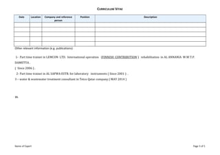 CURRICULUM VITAE
Date Location Company and reference
person
Position Description
Other relevant information (e.g. publications):
1- Part time trainer in LEMCON LTD. International operation (FINNISH CONTRIBUTION ) rehabilitation in AL ANNANIA W.W.T.P.
DAMETTA .
( Since 2006 ) .
2- Part time trainer in AL SAFWA ESTB. for laboratory instruments ( Since 2001 ) .
3 – water & wastewater treatment consultant in Tetco Qatar company ( MAY 2014 )
15.
Name of Expert Page 5 of 5
 