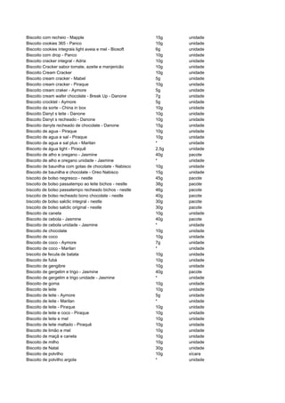 Biscoito com recheio - Mapple                            15g    unidade
Biscoito cookies 365 - Panco                             10g    unidade
Biscoito cookies integrais light aveia e mel - Biosoft   6g     unidade
Biscoito corn drop - Panco                               10g    unidade
Biscoito cracker integral - Adria                        10g    unidade
Biscoito Cracker sabor tomate, azeite e manjericão       10g    unidade
Biscoito Cream Cracker                                   10g    unidade
Biscoito cream cracker - Mabel                           5g     unidade
Biscoito cream cracker - Piraque                         10g    unidade
Biscoito cream craker - Aymore                           5g     unidade
Biscoito cream wafer chocolate - Break Up - Danone       7g     unidade
Biscoito crocktel - Aymore                               5g     unidade
Biscoito da sorte - China in box                         10g    unidade
Biscoito Danyt s leite - Danone                          10g    unidade
Biscoito Danyt s recheado - Danone                       10g    unidade
Biscoito danyts recheado de chocolate - Danone           15g    unidade
Biscoito de agua - Piraque                               10g    unidade
Biscoito de agua e sal - Piraque                         10g    unidade
Biscoito de agua e sal plus - Marilan                    *      unidade
Biscoito de água light - Piraquê                         2,5g   unidade
Biscoito de alho e oregano - Jasmine                     40g    pacote
Biscoito de alho e oregano unidade - Jasmine             *      unidade
Biscoito de baunilha com gotas de chocolate - Nabisco    10g    unidade
Biscoito de baunilha e chocolate - Oreo Nabisco          15g    unidade
biscoito de bolso negresco - nestle                      45g    pacote
biscoito de bolso passatempo ao leite bichos - nestle    38g    pacote
biscoito de bolso passatempo recheado bichos - nestle    46g    pacote
biscoito de bolso recheado bono chocolate - nestle       40g    pacote
biscoito de bolso salclic integral - nestle              30g    pacote
biscoito de bolso salclic original - nestle              30g    pacote
Biscoito de canela                                       10g    unidade
Biscoito de cebola - Jasmine                             40g    pacote
Biscoito de cebola unidade - Jasmine                     *      unidade
Biscoito de chocolate                                    10g    unidade
Biscoito de coco                                         10g    unidade
Biscoito de coco - Aymore                                7g     unidade
Biscoito de coco - Marilan                               *      unidade
biscoito de fecula de batata                             10g    unidade
Biscoito de fubá                                         10g    unidade
Biscoito de gengibre                                     10g    unidade
Biscoito de gergelim e trigo - Jasmine                   40g    pacote
Biscoito de gergelim e trigo unidade - Jasmine           *      unidade
Biscoito de goma                                         10g    unidade
Biscoito de leite                                        10g    unidade
Biscoito de leite - Aymore                               5g     unidade
Biscoito de leite - Marilan                              *      unidade
Biscoito de leite - Piraque                              10g    unidade
Biscoito de leite e coco - Piraque                       10g    unidade
Biscoito de leite e mel                                  10g    unidade
Biscoito de leite maltado - Piraquê                      10g    unidade
Biscoito de limão e mel                                  10g    unidade
Biscoito de maçã e canela                                10g    unidade
Biscoito de milho                                        10g    unidade
Biscoito de Natal                                        30g    unidade
Biscoito de polvilho                                     10g    xícara
Biscoito de polvilho argola                              *      unidade
 