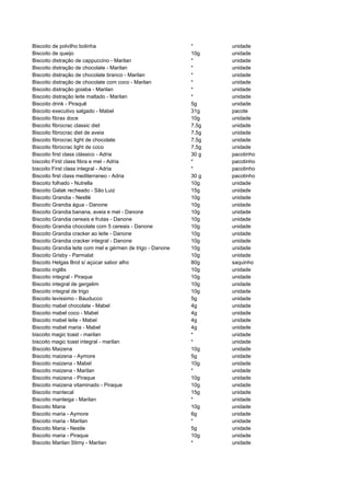 Biscoito de polvilho bolinha                                *      unidade
Biscoito de queijo                                          10g    unidade
Biscoito distração de cappuccino - Marilan                  *      unidade
Biscoito distração de chocolate - Marilan                   *      unidade
Biscoito distração de chocolate branco - Marilan            *      unidade
Biscoito distração de chocolate com coco - Marilan          *      unidade
Biscoito distração goiaba - Marilan                         *      unidade
Biscoito distração leite maltado - Marilan                  *      unidade
Biscoito drink - Piraquê                                    5g     unidade
Biscoito executivo salgado - Mabel                          31g    pacote
Biscoito fibrax doce                                        10g    unidade
Biscoito fibrocrac classic diet                             7,5g   unidade
Biscoito fibrocrac diet de aveia                            7,5g   unidade
Biscoito fibrocrac light de chocolate                       7,5g   unidade
Biscoito fibrocrac light de coco                            7,5g   unidade
Biscoito first class clássico - Adria                       30 g   pacotinho
biscoito First class fibra e mel - Adria                    *      pacotinho
biscoito First class integral - Adria                       *      pacotinho
Biscoito first class mediterraneo - Adria                   30 g   pacotinho
Biscoito folhado - Nutrella                                 10g    unidade
Biscoito Galak recheado - São Luiz                          15g    unidade
Biscoito Grandia - Nestlé                                   10g    unidade
Biscoito Grandia água - Danone                              10g    unidade
Biscoito Grandia banana, aveia e mel - Danone               10g    unidade
Biscoito Grandia cereais e frutas - Danone                  10g    unidade
Biscoito Grandia chocolate com 5 cereais - Danone           10g    unidade
Biscoito Grandia cracker ao leite - Danone                  10g    unidade
Biscoito Grandia cracker integral - Danone                  10g    unidade
Biscoito Grandia leite com mel e gérmen de trigo - Danone   10g    unidade
Biscoito Grisby - Parmalat                                  10g    unidade
Biscoito Helgas Brot s/ açúcar sabor alho                   80g    saquinho
Biscoito inglês                                             10g    unidade
Biscoito integral - Piraque                                 10g    unidade
Biscoito integral de gergelim                               10g    unidade
Biscoito integral de trigo                                  10g    unidade
Biscoito levissimo - Bauducco                               5g     unidade
Biscoito mabel chocolate - Mabel                            4g     unidade
Biscoito mabel coco - Mabel                                 4g     unidade
Biscoito mabel leite - Mabel                                4g     unidade
Biscoito mabel maria - Mabel                                4g     unidade
biscoito magic toast - marilan                              *      unidade
biscoito magic toast integral - marilan                     *      unidade
Biscoito Maizena                                            10g    unidade
Biscoito maizena - Aymore                                   5g     unidade
Biscoito maizena - Mabel                                    10g    unidade
Biscoito maizena - Marilan                                  *      unidade
Biscoito maizena - Piraque                                  10g    unidade
Biscoito maizena vitaminado - Piraque                       10g    unidade
Biscoito mantecal                                           15g    unidade
Biscoito manteiga - Marilan                                 *      unidade
Biscoito Maria                                              10g    unidade
Biscoito maria - Aymore                                     6g     unidade
Biscoito maria - Marilan                                    *      unidade
Biscoito Maria - Nestle                                     5g     unidade
Biscoito maria - Piraque                                    10g    unidade
Biscoito Marilan Stimy - Marilan                            *      unidade
 