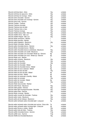 Biscoito tortinhas black - Adria                                 10g    unidade
Biscoito tortinhas de capuccino - Adria                          10g    unidade
Biscoito tortinhas de morango - Adria                            10g    unidade
Biscoito tortini chocolate - Aymore                              15g    unidade
Biscoito tortini chocolate com morango - Aymore                  15g    unidade
Biscoito tortini trufa - Aymore                                  15g    unidade
Biscoito Tostitas - Tostines                                     10g    unidade
Biscoito Trakinas chocolate                                      15g    unidade
Biscoito Trakinas doce de leite                                  15g    unidade
Biscoito Trakinas meio a meio                                    15g    unidade
Biscoito Trakinas morango                                        15g    unidade
Biscoito Vitalife Aveia e Mel - São Luiz                         10g    unidade
Biscoito Vitalife Citrus - São Luiz                              10g    unidade
Biscoito Vitalife Integral - São Luiz                            10g    unidade
Biscoito Wafer amendoim - Marilan                                *      unidade
Biscoito Wafer baunilha - Marilan                                *      unidade
Biscoito wafer brigadeiro - Bauducco                             10g    unidade
Biscoito Wafer chocolate - Marilan                               *      unidade
Biscoito wafer chocolate branco - Danone                         10g    unidade
Biscoito Wafer chocolate branco - Marilan                        *      unidade
Biscoito wafer chocolate branco e amêndoas - Bauducco            10g    unidade
Biscoito wafer chocolate com avelã - Bauducco                    10g    unidade
Biscoito wafer chocolate com chocolate- Break Up - Danone        8g     unidade
Biscoito wafer chocolate com coco - Break Up - Danone            8g     unidade
Biscoito Wafer coco - Marilan                                    *      unidade
Biscoito wafer crocante - Bauducco                               10g    unidade
Biscoito wafer de baunilha                                       10g    unidade
Biscoito wafer de chocolate                                      10g    unidade
Biscoito wafer de chocolate - Mabel                              6g     unidade
Biscoito wafer de chocolate branco - Mabel                       6g     unidade
Biscoito wafer de coco e abacaxi - Mabel                         6g     unidade
Biscoito wafer de doce de leite                                  10g    unidade
Biscoito wafer de doce de leite - Mabel                          6g     unidade
Biscoito wafer de limao - Mabel                                  6g     unidade
Biscoito wafer de maracujá e chantilly - Mabel                   6g     unidade
Biscoito wafer de morango                                        10g    unidade
Biscoito wafer de morango - Mabel                                6g     unidade
Biscoito wafer de nozes                                          10g    unidade
Biscoito Wafer doce de leite - Marilan                           *      unidade
Biscoito wafer flocos - Bauducco                                 10g    unidade
Biscoito wafer goiaba - Danone                                   10g    unidade
Biscoito wafer light morango/chocolate - Rechelle                10g    unidade
Biscoito wafer limão - Danone                                    10g    unidade
Biscoito Wafer morango - Marilan                                 *      unidade
Biscoito wafer mousse de chocolate - Tostines                    10g    unidade
Biscoito wafer nozes - Bauducco                                  10g    unidade
Biscoito wafer pé de moleque - Bauducco                          10g    unidade
Biscoito wafer recheado sabor chocolate light - Lowçucar         3g     unidade

Biscoito wafer recheado sabor chocolate sem açúcar - Doce vida   7g     unidade
Biscoito wafer recheado sabor morango light - Lowçucar           3g     unidade
Biscoito wafer Romeu e Julieta - Nestlé                          10g    unidade
Biscoito wafer torta de limão - Tostines                         10g    unidade
Biscoito waffer chocolate branco - Aymore                        7,5g   unidade
Biscoito waffer coco - Aymore                                    7,5g   unidade
Biscoito Waffer de chocolate Bauducco                            10g    unidade
 