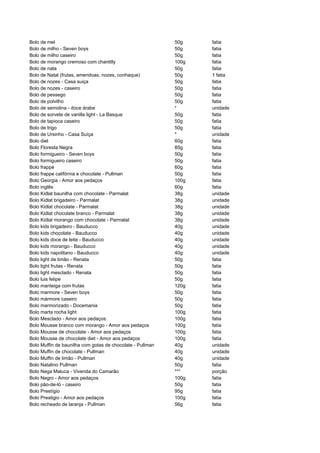 Bolo de mel                                                50g    fatia
Bolo de milho - Seven boys                                 50g    fatia
Bolo de milho caseiro                                      50g    fatia
Bolo de morango cremoso com chantilly                      100g   fatia
Bolo de nata                                               50g    fatia
Bolo de Natal (frutas, amendoas, nozes, conhaque)          50g    1 fatia
Bolo de nozes - Casa suiça                                 50g    fatia
Bolo de nozes - caseiro                                    50g    fatia
Bolo de pessego                                            50g    fatia
Bolo de polvilho                                           50g    fatia
Bolo de semolina - doce árabe                              *      unidade
Bolo de sorvete de vanilla light - La Basque               50g    fatia
Bolo de tapioca caseiro                                    50g    fatia
Bolo de trigo                                              50g    fatia
Bolo de Ursinho - Casa Suíça                               *      unidade
Bolo diet                                                  60g    fatia
Bolo Floresta Negra                                        85g    fatia
Bolo formigueiro - Seven boys                              50g    fatia
Bolo formigueiro caseiro                                   50g    fatia
Bolo frappé                                                60g    fatia
Bolo frappe califórnia e chocolate - Pullman               50g    fatia
Bolo Georgia - Amor aos pedaços                            100g   fatia
Bolo inglês                                                60g    fatia
Bolo Kidlat baunilha com chocolate - Parmalat              38g    unidade
Bolo Kidlat brigadeiro - Parmalat                          38g    unidade
Bolo Kidlat chocolate - Parmalat                           38g    unidade
Bolo Kidlat chocolate branco - Parmalat                    38g    unidade
Bolo Kidlat morango com chocolate - Parmalat               38g    unidade
Bolo kids brigadeiro - Bauducco                            40g    unidade
Bolo kids chocolate - Bauducco                             40g    unidade
Bolo kids doce de leite - Bauducco                         40g    unidade
Bolo kids morango - Bauducco                               40g    unidade
Bolo kids napolitano - Bauducco                            40g    unidade
Bolo light de limão - Renata                               50g    fatia
Bolo light frutas - Renata                                 50g    fatia
Bolo light mesclado - Renata                               50g    fatia
Bolo luis felipe                                           50g    fatia
Bolo manteiga com frutas                                   120g   fatia
Bolo marmore - Seven boys                                  50g    fatia
Bolo mármore caseiro                                       50g    fatia
Bolo marmorizado - Docemania                               50g    fatia
Bolo marta rocha light                                     100g   fatia
Bolo Mesclado - Amor aos pedaços                           100g   fatia
Bolo Mousse branco com morango - Amor aos pedaços          100g   fatia
Bolo Mousse de chocolate - Amor aos pedaços                100g   fatia
Bolo Mousse de chocolate diet - Amor aos pedaços           100g   fatia
Bolo Muffin de baunilha com gotas de chocolate - Pullman   40g    unidade
Bolo Muffin de chocolate - Pullman                         40g    unidade
Bolo Muffin de limão - Pullman                             40g    unidade
Bolo Natalino Pullman                                      50g    fatia
Bolo Nega Maluca - Vivenda do Camarão                      ***    porção
Bolo Negro - Amor aos pedaços                              100g   fatia
Bolo pão-de-ló - caseiro                                   50g    fatia
Bolo Prestígio                                             95g    fatia
Bolo Prestigio - Amor aos pedaços                          100g   fatia
Bolo recheado de laranja - Pullman                         56g    fatia
 