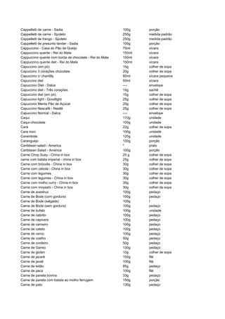 Cappelletti de carne - Sadia                             100g    porção
Cappelletti de carne - Spoleto                           250g    medida padrão
Cappelletti de frango - Spoleto                          250g    medida padrão
Cappelletti de presunto tender - Sadia                   100g    porção
Cappuccino - Casa do Pão de Queijo                       75ml    xícara
Cappuccino quente - Rei do Mate                          150ml   xícara
Cappuccino quente com borda de chocolate - Rei do Mate   150ml   xícara
Cappuccino quente diet - Rei do Mate                     150ml   xícara
Capuccino (em pó)                                        15g     colher de sopa
Capuccino 3 corações chocolate                           20g     colher de sopa
Capuccino c/ chantilly                                   80ml    xícara pequena
Capuccino diet                                           50ml    xícara
Capuccino Diet - Dalca                                   ----    envelope
Capuccino diet - Três corações                           14g     sachê
Capuccino diet (em pó)                                   15g     colher de sopa
Capuccino light - Goodlight                              25g     colher de sopa
Capuccino Menta Pão de Açúcar                            20g     colher de sopa
Capuccino Nescafé - Nestlé                               25g     colher de sopa
Capuccino Normal - Dalca                                 ----    envelope
Caqui                                                    110g    unidade
Caqui-chocolate                                          100g    unidade
Cará                                                     22g     colher de sopa
Cara roxo                                                100g    unidade
Carambola                                                120g    unidade
Caranguejo                                               100g    porção
Caribbean salad - America                                *       prato
Caribbean Salad - América                                100g    porção
Carne Chop Suey - China in box                           25 g    colher de sopa
carne com batata imperial - china in box                 25g     colher de sopa
Carne com brócolis - China in box                        30g     colher de sopa
Carne com cebola - China in box                          30g     colher de sopa
Carne com legumes                                        30g     colher de sopa
Carne com legumes - China in box                         30g     colher de sopa
Carne com molho curry - China in box                     30g     colher de sopa
Carne com moyashi - China in box                         30g     colher de sopa
Carne de avestruz                                        100g    pedaço
Carne de Bode (com gordura)                              100g    pedaço
Carne de Bode (salgada)                                  100g    l
Carne de Bode (sem gordura)                              100g    pedaço
Carne de bufalo                                          100g    unidade
Carne de cabrito                                         100g    pedaço
Carne de capivara                                        100g    pedaço
Carne de carneiro                                        100g    pedaço
Carne de cateto                                          100g    pedaço
Carne de cervo                                           100g    pedaço
Carne de coelho                                          50g     pedaço
Carne de cordeiro                                        50g     pedaço
Carne de Ganso                                           130g    pedaço
Carne de glúten                                          10g     colher de sopa
Carne de jacaré                                          100g    filé
Carne de javali                                          100g    filé
Carne de leitão                                          85g     pedaço
Carne de paca                                            100g    filé
Carne de panela bovina                                   33g     pedaço
Carne de panela com batata ao molho ferrugem             150g    porção
Carne de pato                                            130g    pedaço
 