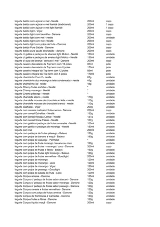 Iogurte batido com açúcar e mel - Nestlé                       200ml   copo
Iogurte batido com açúcar e mel Itambé (tradicional)           200ml   1 copo
Iogurte batido com açúcar e mel light Itambé                   200ml   1 copo
Iogurte batido light - Vigor                                   200ml   copo
Iogurte batido light com baunilha - Danone                     200ml   copo
iogurte batido light com mel - nestle                          200ml   unidade
Iogurte batido light com mel - Nestlé                          200ml   copo
Iogurte batido light com polpa de fruta - Danone               200ml   copo
Iogurte batido Pura Saúde - Danone                             200ml   copo
Iogurte batido pura saude desnatado - danone                   200ml   copo
Iogurte c/ geléia e pedaços de abacaxi light Molico - Nestlé   130ml   unidade
Iogurte c/ geléia e pedaços de ameixa light Molico - Nestlé    130ml   unidade
Iogurte c/ suco de laranja / cenoura / mel - Danone            200ml   copo
Iogurte caseiro desnatado da Top term com 12 potes             85ml    pote
Iogurte caseiro desnatado da Top term com 6 potes              170ml   pote
Iogurte caseiro integral da Top term com 12 potes              85ml    pote
Iogurte caseiro integral da Top term com 6 potes               170ml   pote
iogurte chambinho 2 em 2 - nestle                              65g     unidade
iogurte chambinho duo morango e leite condensado - nestle      45g     unidade
iogurte chambinho ice- nestle                                  45g     unidade
Iogurte Chamy frutas sortidas - Nestlé                         *       unidade
Iogurte Chamy morango - Nestlé                                 *       unidade
Iogurte Chamy pêssego - Nestlé                                 *       unidade
Iogurte chandelle alpino - nestle                              110g    unidade
Iogurte chandelle mousse de chocolate ao leite - nestle        110g    unidade
Iogurte chandelle mousse de chocolate branco - nestle          110g    unidade
iogurte coalhada - Vigor                                       200g    unidade
Iogurte com cereais matinais / frutas secas - Danone           200ml   copo
Iogurte com cereal Estrelitas - Nestlé                         135g    unidade
Iogurte com cereal Nescau Cereal - Nestlé                      137g    unidade
Iogurte com cereal Snow Flakes - Nestlé                        137g    unidade
Iogurte com geléia e pedaços de frutas amarelas - Nestlé       150ml   unidade
Iogurte com geléia e pedaços de morango - Nestlé               150ml   unidade
Iogurte com mel                                                200ml   unidade
Iogurte com pedaços de frutas pêssego - Batavo                 120g    unidade
Iogurte com polpa de banana e maçã - Batavo                    190g    unidade
Iogurte com polpa de cupuaçu - Parmalat                        *       unidade
Iogurte com polpa de fruta morango, banana ou coco             120g    unidade
Iogurte com polpa de frutas - morango / coco - Danone          200ml   copo
Iogurte com polpa de frutas e fibras - Batavo                  190g    unidade
Iogurte com polpa de frutas light morango - Batavo             120g    unidade
Iogurte com polpa de frutas vermelhas - Goodlight              200ml   unidade
Iogurte com polpa de morango                                   120ml   unidade
Iogurte com polpa de morango - Leco                            120ml   unidade
Iogurte com polpa de morango - Vigor                           120ml   unidade
Iogurte com polpa de pessego - Goodlight                       200ml   unidade
Iogurte com polpa de salada de fruta - Leco                    120ml   unidade
Iogurte Corpus ameixa - Danone                                 135ml   unidade
Iogurte Corpus c/ pedaço de frutas sabor abacaxi - Danone      120g    unidade
Iogurte Corpus c/ pedaço de frutas sabor morango - Danone      120g    unidade
Iogurte Corpus c/ pedaço de frutas sabor pessego - Danone      120g    unidade
Iogurte Corpus cereais e frutas vermelhas - Danone             120g    unidade
Iogurte Corpus com polpa de frutas ameixa - Danone             120g    unidade
Iogurte Corpus de framboesa 2 Camadas - Danone                 130g    unidade
Iogurte Corpus frutas e fibras - Danone                        120g    unidade
Iogurte Corpus líquido maçã - Danone                           200ml   copo
 