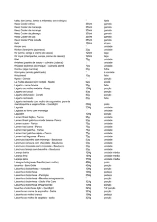 katsu don (arroz, lombo a milanesa, ovo e shoyu)   *       tijela
Keep Cooler cítrico                                355ml   garrafa
Keep Cooler de maracujá                            355ml   garrafa
Keep Cooler de morango                             355ml   garrafa
Keep Cooler de pêssego                             355ml   garrafa
Keep Cooler de uva                                 355ml   garrafa
Keep Cooler Piña Colada                            355ml   garrafa
Kefir                                              180ml   xícara
Kinder ovo                                         *       unidade
Kinkan (laranjinha japonesa)                       20g     unidade
Kir (vinho, cereja e creme de cassis)              120ml   taça
Kir royal (champanhe, cereja, creme de cassis))    120ml   taça
Kiwi                                               76g     unidade
Knishes (pastéis de batata - culinária Judaica)    *       unidade
Knoedel (bolinhos de nhoque) - culinaria alemã     70g     unidade
Kombu (alga marinha)                               20g     folha
Konnyaku (amido geleificado)                       *       à vontade
Krispbread                                         10g     fatia
Kyoto - Gendai                                     *       porção
La Frutta abacaxi com hortelã - Nestlé             62g     picolé
Lagarto - carne bovina                             50g     fatia
Lagarto ao molho madeira - Masp                    150g    porção
Lagarto ao tucupi                                  80g     porção
Lagarto defumado - Ceratti                         80g     porção
Lagarto recheado                                   80g     fatia
Lagarto recheado com molho de cogumelos, pure de
mandioquinha e vagens finas - Goodlight            260g    prato
Lagosta                                            200g    unidade
Lagosta ao forno com manteiga                      *       unidade
Lagostim                                           100g    porção
Lamen Brasil feijão - Panco                        98g     unidade
Lamen Brasil galinha a moda baiana- Panco          90g     unidade
Lamen suave - Panco                                75g     unidade
Lamen trad carne - Panco                           75g     unidade
Lamen trad galinha - Panco                         75g     unidade
Lamen trad galinha caipira - Panco                 75g     unidade
Lamen trad legumes - Panco                         75g     unidade
Lanchuco baunilha com morango - Bauducco           50g     unidade
Lanchuco cenoura com chocolate - Bauducco          50g     unidade
Lanchuco chocolate com chocolate - Bauducco        50g     unidade
Lanchuco laranja com baunilha - Bauducco           50g     unidade
Laranja bahia                                      120g    unidade média
Laranja lima                                       159g    unidade média
Laranja pêra                                       110g    unidade média
Lasagne bolognese- Brevitta (sem molho)            480g    prato
lasanha - Bom Grille                               450g    porção
Lasanha à boloanhesa - Nutradiet                   100g    porção
Lasanha à bolonhesa                                190g    pedaço
Lasanha à bolonhesa - Perdigão                     350g    pedaço
Lasanha a bolonhesa - Receitas emagrecendo         *       porção
Lasanha à bolonhesa - Sadia Vita Care              325g    porção
Lasanha à bolonhesa emagrecendo                    190g    porção
lasanha a bolonhesa light - Goodlight              325g    1/2 porção
Lasanha ao creme de espinafre - Sadia              325g    porção
Lasanha ao molho branco                            190g    pedaço
Lasanha ao molho de vegetais - sadia               325g    porção
 