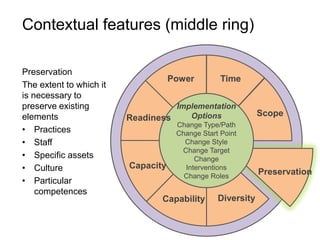 Contextual features (middle ring)
Implementation
Options
Change Type/Path
Change Start Point
Change Style
Change Target
Change
Interventions
Change Roles
Time
Scope
Preservation
Diversity
Capability
Capacity
Readiness
Power
Preservation
The extent to which it
is necessary to
preserve existing
elements
• Practices
• Staff
• Specific assets
• Culture
• Particular
competences
 
