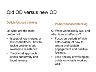Old OD versus new OD
Deficit-focused thinking
Q: What are the main
problems?
• Issues of low morale, or
low commitment, how to
tackle problems and
overcome resistance.
• Traditional approach
seeks conformity and
togetherness.
Positive-focused thinking
Q: What works really well and
what is most affective?
• Focus on periods of high
enthusiasm, of how to
create and sustain
engagement and positive
feelings.
• Less anxiety provoking as
builds on what is working
well.
 