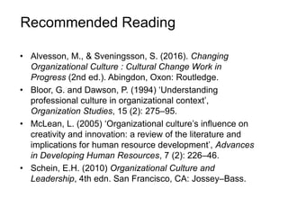 Recommended Reading
• Alvesson, M., & Sveningsson, S. (2016). Changing
Organizational Culture : Cultural Change Work in
Progress (2nd ed.). Abingdon, Oxon: Routledge.
• Bloor, G. and Dawson, P. (1994) ‘Understanding
professional culture in organizational context’,
Organization Studies, 15 (2): 275–95.
• McLean, L. (2005) ‘Organizational culture’s influence on
creativity and innovation: a review of the literature and
implications for human resource development’, Advances
in Developing Human Resources, 7 (2): 226–46.
• Schein, E.H. (2010) Organizational Culture and
Leadership, 4th edn. San Francisco, CA: Jossey–Bass.
 