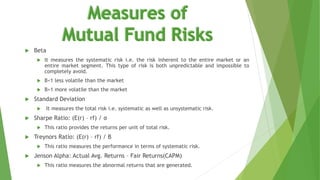  Beta
 It measures the systematic risk i.e. the risk inherent to the entire market or an
entire market segment. This type of risk is both unpredictable and impossible to
completely avoid.
 Β<1 less volatile than the market
 Β>1 more volatile than the market
 Standard Deviation
 It measures the total risk i.e. systematic as well as unsystematic risk.
 Sharpe Ratio: (E(r) – rf) / σ
 This ratio provides the returns per unit of total risk.
 Treynors Ratio: (E(r) – rf) / Β
 This ratio measures the performance in terms of systematic risk.
 Jenson Alpha: Actual Avg. Returns – Fair Returns(CAPM)
 This ratio measures the abnormal returns that are generated.
 