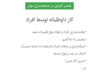 ‫ﻣﻮﺛﺮ‬ ‫‌ﺳﺎﺯزﯼی‬‫ﻪ‬‫ﺟﺎﻣﻌ‬ ‫ﺩدﺭر‬ ‫ﮐﻠﯿﺪﯼی‬ ‫ﻋﻨﺎﺻﺮ‬
‫ﺍاﻓﺮﺍاﺩد‬ ‫ﺗﻮﺳﻂ‬ ‫ﺩدﺍاﻭوﻃﻠﺒﺎﻧﻪ‬ ‫ﮐﺎﺭر‬
•‫ﻣﻔﯿﺪ‬ ‫ﺗﻐﯿﯿﺮﺍاﺕت‬ ‫ﻣﻮﺝج‬ ‫ﺍاﯾﺠﺎﺩد‬ ‫ﻭو‬ ‫ﺍاﻓﺮﺍاﺩد‬ ‫ﺗﻮﺍاﻧﻤﻨﺪﺳﺎﺯزﯼی‬
•‫ﯾﺎﺩدﮔﯿﺮﯼی‬ ‫ﺭرﺍاﻩه‬ ‫ﺑﻬﺘﺮﯾﻦ‬
•‫ﻣﺸﺘﺮﮎک‬ ‫ﺩدﻏﺪﻏﻪ‬ ‫ﺑﺎ‬ ‫ﺑﺎﺍاﺳﺘﻌﺪﺍاﺩد‬ ‫ﺍاﻓﺮﺍاﺩد‬ ‫ﻣﻼﻗﺎﺕت‬ ‫ﻭو‬ ‫‌ﺳﺎﺯزﯼی‬‫ﻪ‬‫ﺷﺒﮑ‬
•‫‌ﻫﺎ‬‫ﻩه‬‫ﺍاﯾﺪ‬ ‫ﺑﻠﻮﻍغ‬ ‫ﻭو‬ ‫ﺭرﺷﺪ‬ ‫ﺑﻪ‬ ‫ﮐﻤﮏ‬
•!‫ﺗﯿﻤﯽ‬ ‫ﮐﺎﺭر‬ ‫ﺗﻤﺮﯾﻦ‬
•… ‫ﻭو‬
 