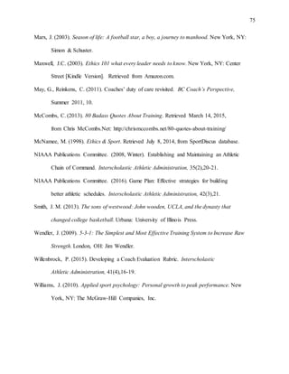 75
Marx, J. (2003). Season of life: A football star, a boy, a journey to manhood. New York, NY:
Simon & Schuster.
Maxwell, J.C. (2003). Ethics 101 what every leader needs to know. New York, NY: Center
Street [Kindle Version]. Retrieved from Amazon.com.
May, G., Reinkens, C. (2011). Coaches’ duty of care revisited. BC Coach’s Perspective,
Summer 2011, 10.
McCombs, C. (2013). 80 Badass Quotes About Training. Retrieved March 14, 2015,
from Chris McCombs.Net: http://chrismccombs.net/80-quotes-about-training/
McNamee, M. (1998). Ethics & Sport. Retrieved July 8, 2014, from SportDiscus database.
NIAAA Publications Committee. (2008, Winter). Establishing and Maintaining an Athletic
Chain of Command. Interscholastic Athletic Administration, 35(2),20-21.
NIAAA Publications Committee. (2016). Game Plan: Effective strategies for building
better athletic schedules. Interscholastic Athletic Administration, 42(3),21.
Smith, J. M. (2013). The sons of westwood: John wooden, UCLA, and the dynasty that
changed college basketball. Urbana: University of Illinois Press.
Wendler, J. (2009). 5-3-1: The Simplest and Most Effective Training System to Increase Raw
Strength. London, OH: Jim Wendler.
Willenbrock, P. (2015). Developing a Coach Evaluation Rubric. Interscholastic
Athletic Administration, 41(4),16-19.
Williams, J. (2010). Applied sport psychology: Personal growth to peak performance. New
York, NY: The McGraw-Hill Companies, Inc.
 