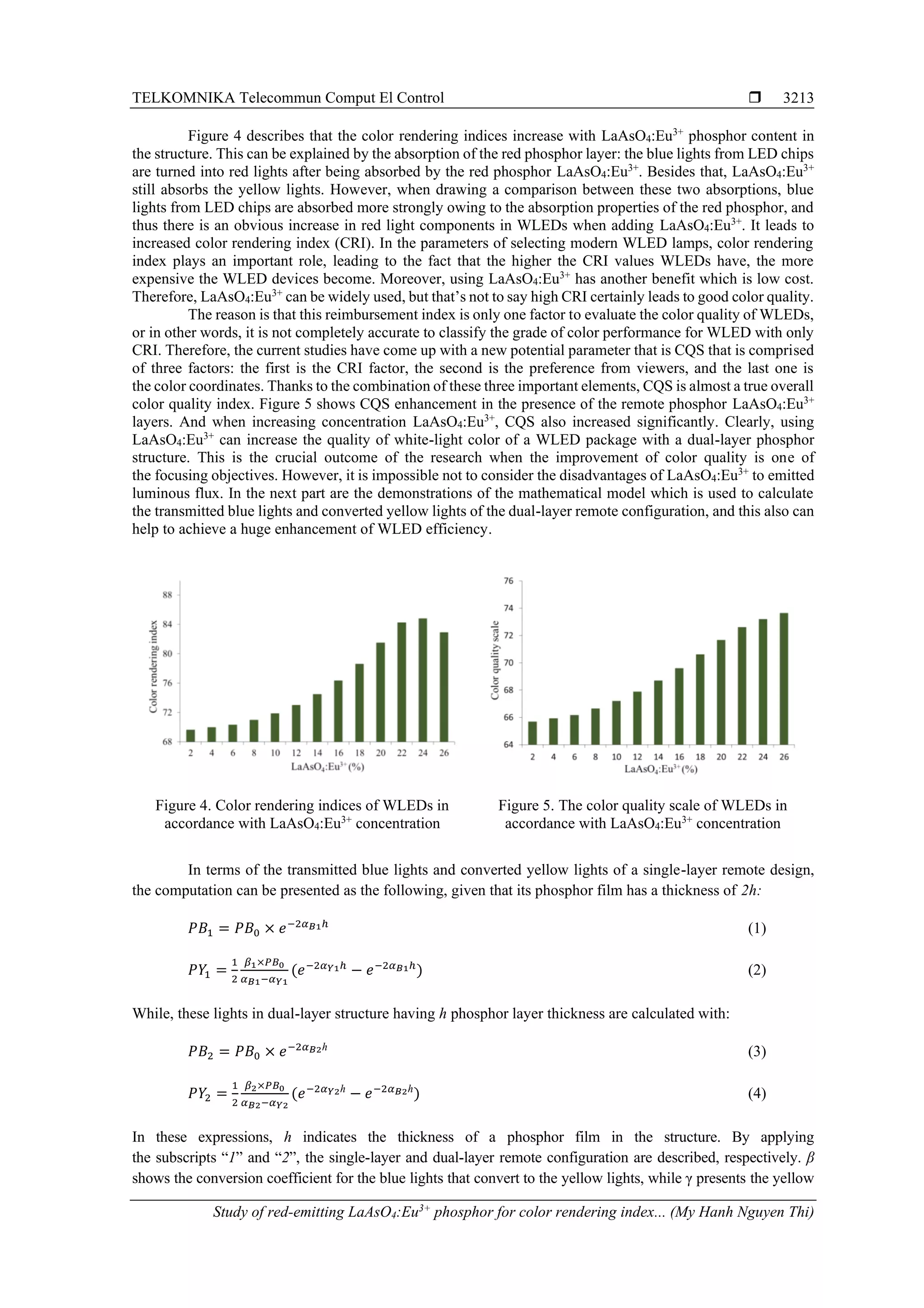 TELKOMNIKA Telecommun Comput El Control 
Study of red-emitting LaAsO4:Eu3+
phosphor for color rendering index... (My Hanh Nguyen Thi)
3213
Figure 4 describes that the color rendering indices increase with LaAsO4:Eu3+
phosphor content in
the structure. This can be explained by the absorption of the red phosphor layer: the blue lights from LED chips
are turned into red lights after being absorbed by the red phosphor LaAsO4:Eu3+
. Besides that, LaAsO4:Eu3+
still absorbs the yellow lights. However, when drawing a comparison between these two absorptions, blue
lights from LED chips are absorbed more strongly owing to the absorption properties of the red phosphor, and
thus there is an obvious increase in red light components in WLEDs when adding LaAsO4:Eu3+
. It leads to
increased color rendering index (CRI). In the parameters of selecting modern WLED lamps, color rendering
index plays an important role, leading to the fact that the higher the CRI values WLEDs have, the more
expensive the WLED devices become. Moreover, using LaAsO4:Eu3+
has another benefit which is low cost.
Therefore, LaAsO4:Eu3+
can be widely used, but that’s not to say high CRI certainly leads to good color quality.
The reason is that this reimbursement index is only one factor to evaluate the color quality of WLEDs,
or in other words, it is not completely accurate to classify the grade of color performance for WLED with only
CRI. Therefore, the current studies have come up with a new potential parameter that is CQS that is comprised
of three factors: the first is the CRI factor, the second is the preference from viewers, and the last one is
the color coordinates. Thanks to the combination of these three important elements, CQS is almost a true overall
color quality index. Figure 5 shows CQS enhancement in the presence of the remote phosphor LaAsO4:Eu3+
layers. And when increasing concentration LaAsO4:Eu3+
, CQS also increased significantly. Clearly, using
LaAsO4:Eu3+
can increase the quality of white-light color of a WLED package with a dual-layer phosphor
structure. This is the crucial outcome of the research when the improvement of color quality is one of
the focusing objectives. However, it is impossible not to consider the disadvantages of LaAsO4:Eu3+
to emitted
luminous flux. In the next part are the demonstrations of the mathematical model which is used to calculate
the transmitted blue lights and converted yellow lights of the dual-layer remote configuration, and this also can
help to achieve a huge enhancement of WLED efficiency.
Figure 4. Color rendering indices of WLEDs in
accordance with LaAsO4:Eu3+
concentration
Figure 5. The color quality scale of WLEDs in
accordance with LaAsO4:Eu3+
concentration
In terms of the transmitted blue lights and converted yellow lights of a single-layer remote design,
the computation can be presented as the following, given that its phosphor film has a thickness of 2h:
𝑃𝐵1 = 𝑃𝐵0 × 𝑒−2𝛼 𝐵1ℎ
(1)
𝑃𝑌1 =
1
2
𝛽1×𝑃𝐵0
𝛼 𝐵1−𝛼 𝑌1
(𝑒−2𝛼 𝑌1ℎ
− 𝑒−2𝛼 𝐵1ℎ
) (2)
While, these lights in dual-layer structure having h phosphor layer thickness are calculated with:
𝑃𝐵2 = 𝑃𝐵0 × 𝑒−2𝛼 𝐵2ℎ
(3)
𝑃𝑌2 =
1
2
𝛽2×𝑃𝐵0
𝛼 𝐵2−𝛼 𝑌2
(𝑒−2𝛼 𝑌2ℎ
− 𝑒−2𝛼 𝐵2ℎ
) (4)
In these expressions, h indicates the thickness of a phosphor film in the structure. By applying
the subscripts “1” and “2”, the single-layer and dual-layer remote configuration are described, respectively. β
shows the conversion coefficient for the blue lights that convert to the yellow lights, while γ presents the yellow
 