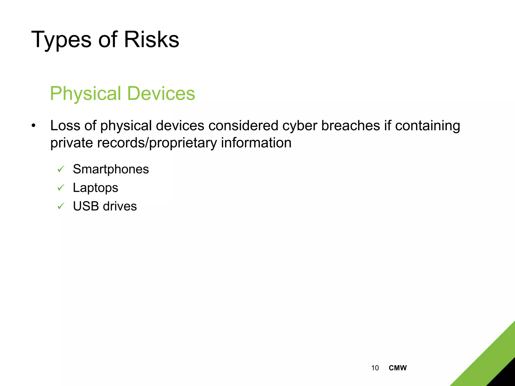 10 CMW
Types of Risks
• Loss of physical devices considered cyber breaches if containing
private records/proprietary information
 Smartphones
 Laptops
 USB drives
Physical Devices
 