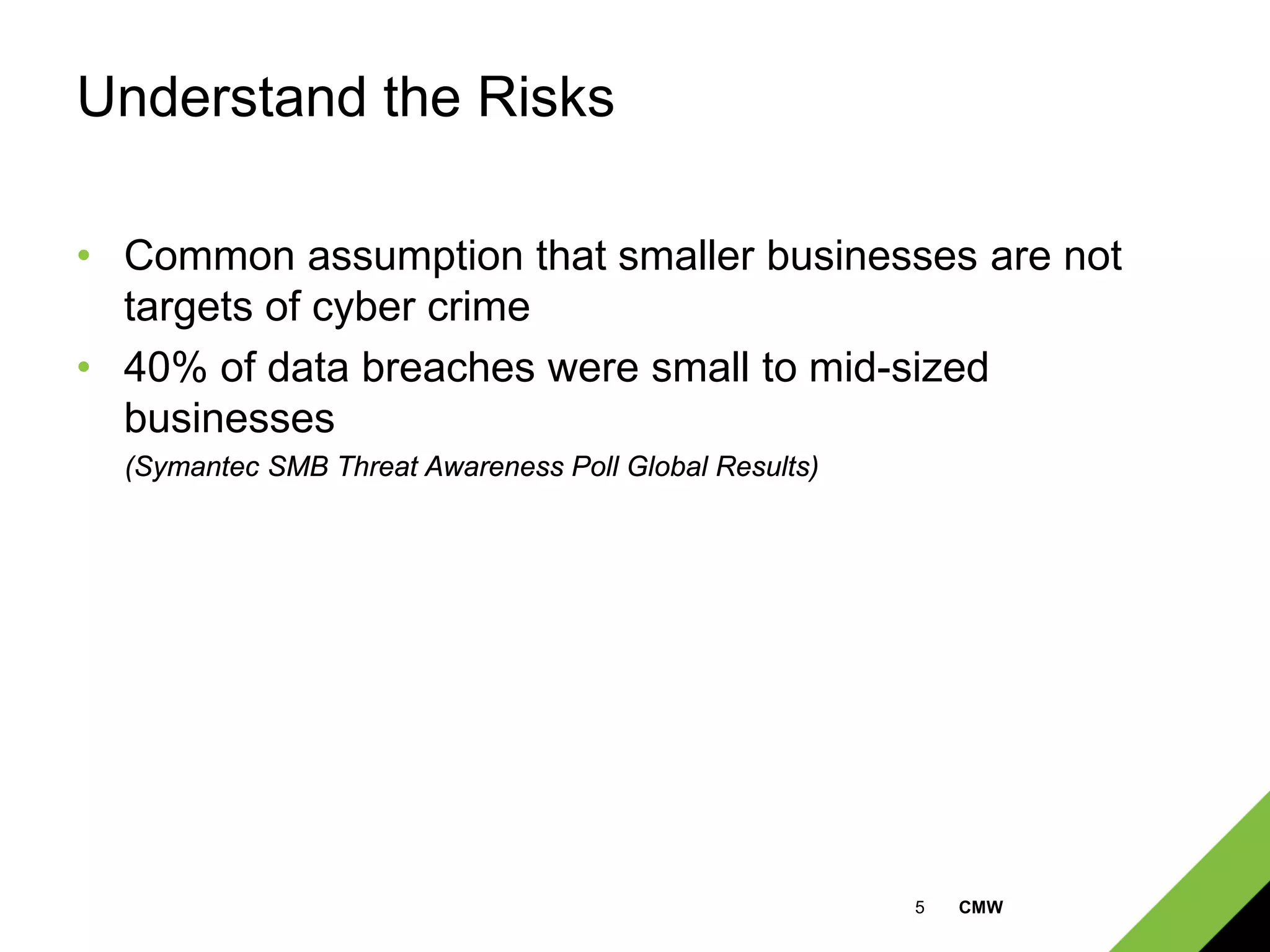 5 CMW
Understand the Risks
• Common assumption that smaller businesses are not
targets of cyber crime
• 40% of data breaches were small to mid-sized
businesses
(Symantec SMB Threat Awareness Poll Global Results)
 