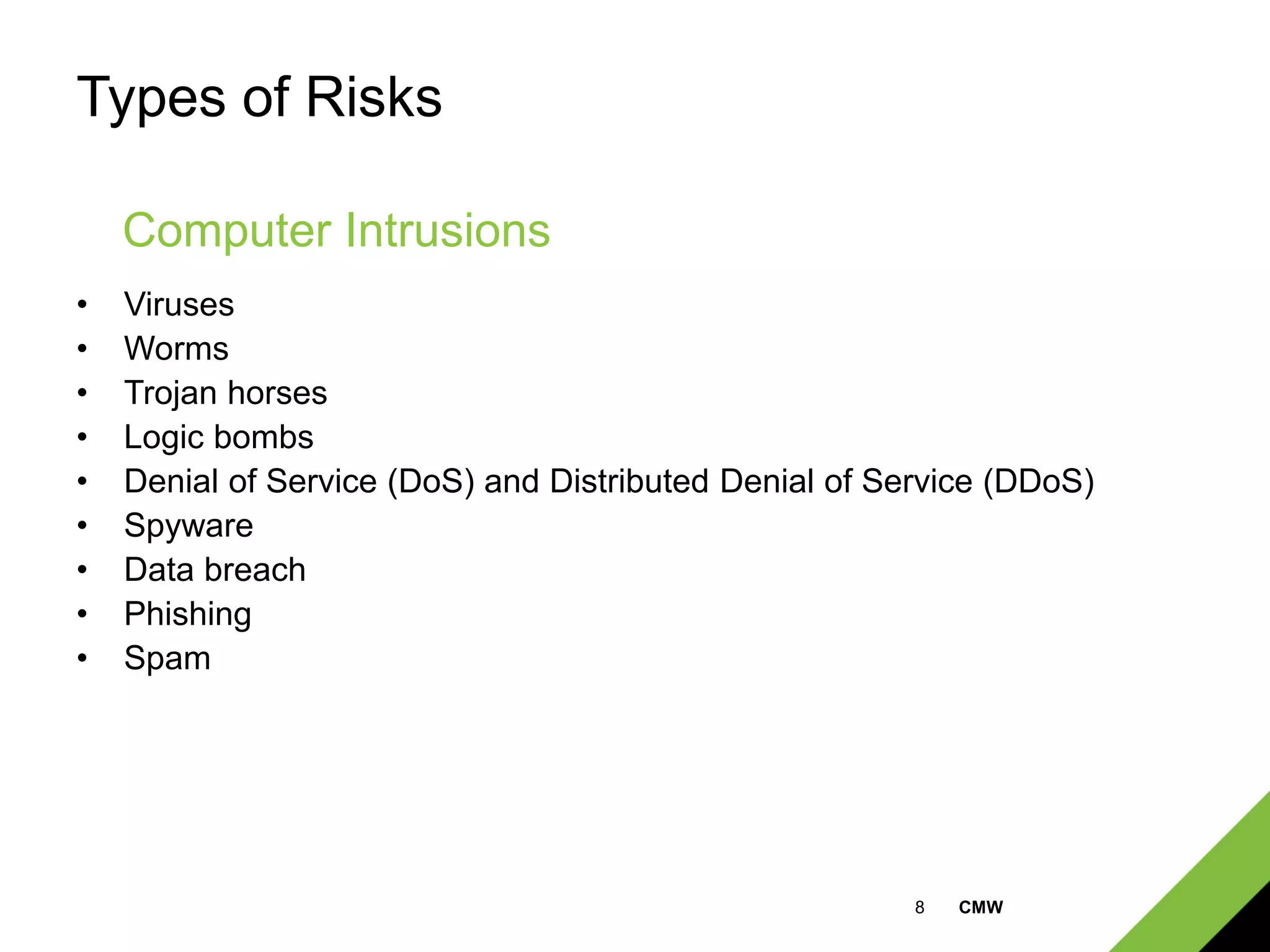 8 CMW
Types of Risks
• Viruses
• Worms
• Trojan horses
• Logic bombs
• Denial of Service (DoS) and Distributed Denial of Service (DDoS)
• Spyware
• Data breach
• Phishing
• Spam
Computer Intrusions
 