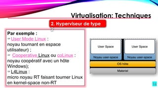 16
Par exemple :
User Mode Linux :
noyau tournant en espace
utilisateur) ;
Cooperative Linux ou coLinux :
noyau coopératif avec un hôte
Windows);
L4Linux :
micro noyau RT faisant tourner Linux
en kernel-space non-RT
Virtualisation: Techniques
2. Hyperviseur de type
2
 