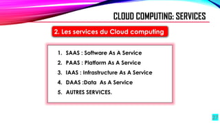 27
2. Les services du Cloud computing
1. SAAS : Software As A Service
2. PAAS : Platform As A Service
3. IAAS : Infrastructure As A Service
4. DAAS :Data As A Service
5. AUTRES SERVICES.
CLOUD COMPUTING: SERVICES
 