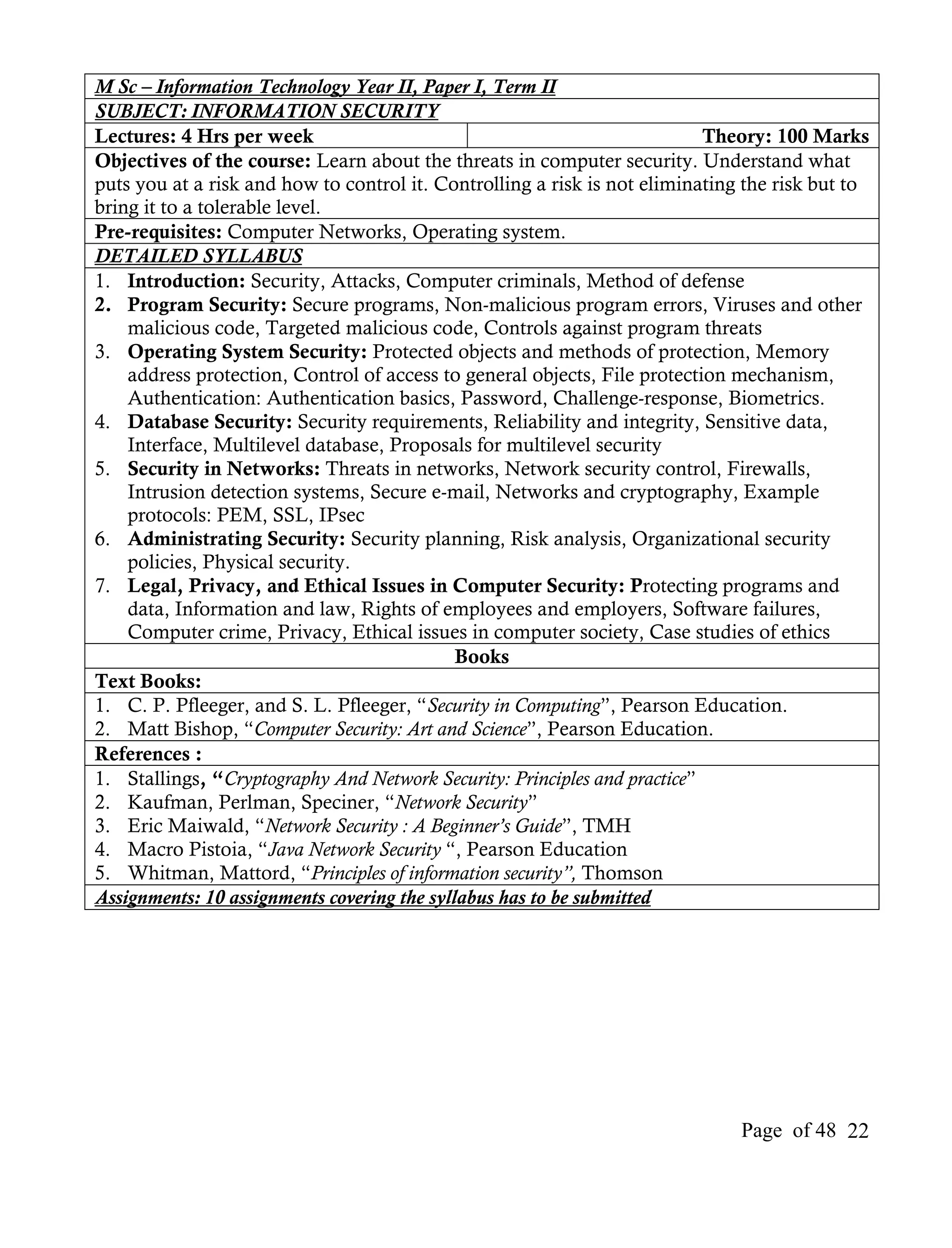 M Sc – Information Technology Year II, Paper I, Term II
SUBJECT: INFORMATION SECURITY
Lectures: 4 Hrs per week                                                   Theory: 100 Marks
Objectives of the course: Learn about the threats in computer security. Understand what
puts you at a risk and how to control it. Controlling a risk is not eliminating the risk but to
bring it to a tolerable level.
Pre-requisites: Computer Networks, Operating system.
DETAILED SYLLABUS
1. Introduction: Security, Attacks, Computer criminals, Method of defense
2. Program Security: Secure programs, Non-malicious program errors, Viruses and other
    malicious code, Targeted malicious code, Controls against program threats
3. Operating System Security: Protected objects and methods of protection, Memory
    address protection, Control of access to general objects, File protection mechanism,
    Authentication: Authentication basics, Password, Challenge-response, Biometrics.
4. Database Security: Security requirements, Reliability and integrity, Sensitive data,
    Interface, Multilevel database, Proposals for multilevel security
5. Security in Networks: Threats in networks, Network security control, Firewalls,
    Intrusion detection systems, Secure e-mail, Networks and cryptography, Example
    protocols: PEM, SSL, IPsec
6. Administrating Security: Security planning, Risk analysis, Organizational security
    policies, Physical security.
7. Legal, Privacy, and Ethical Issues in Computer Security: Protecting programs and
    data, Information and law, Rights of employees and employers, Software failures,
    Computer crime, Privacy, Ethical issues in computer society, Case studies of ethics
                                             Books
Text Books:
1. C. P. Pfleeger, and S. L. Pfleeger, “Security in Computing”, Pearson Education.
2. Matt Bishop, “Computer Security: Art and Science”, Pearson Education.
References :
1. Stallings, “Cryptography And Network Security: Principles and practice”
2. Kaufman, Perlman, Speciner, “Network Security”
3. Eric Maiwald, “Network Security : A Beginner’s Guide”, TMH
4. Macro Pistoia, “Java Network Security “, Pearson Education
5. Whitman, Mattord, “Principles of information security”, Thomson
Assignments: 10 assignments covering the syllabus has to be submitted




                                                                               Page of 48 22
 