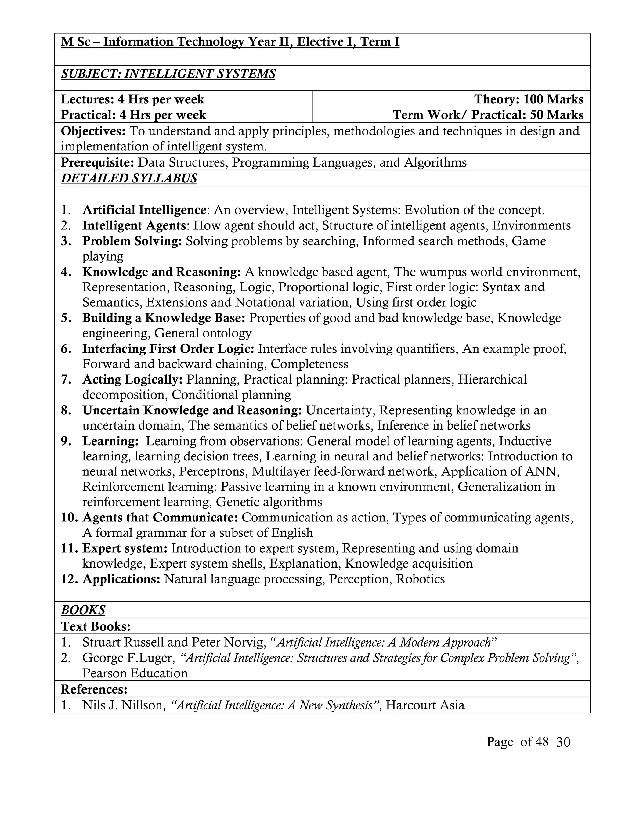 M Sc – Information Technology Year II, Elective I, Term I

SUBJECT: INTELLIGENT SYSTEMS
Lectures: 4 Hrs per week                                               Theory: 100 Marks
Practical: 4 Hrs per week                                Term Work/ Practical: 50 Marks
Objectives: To understand and apply principles, methodologies and techniques in design and
implementation of intelligent system.
Prerequisite: Data Structures, Programming Languages, and Algorithms
DETAILED SYLLABUS

1. Artificial Intelligence: An overview, Intelligent Systems: Evolution of the concept.
2. Intelligent Agents: How agent should act, Structure of intelligent agents, Environments
3. Problem Solving: Solving problems by searching, Informed search methods, Game
    playing
4. Knowledge and Reasoning: A knowledge based agent, The wumpus world environment,
    Representation, Reasoning, Logic, Proportional logic, First order logic: Syntax and
    Semantics, Extensions and Notational variation, Using first order logic
5. Building a Knowledge Base: Properties of good and bad knowledge base, Knowledge
    engineering, General ontology
6. Interfacing First Order Logic: Interface rules involving quantifiers, An example proof,
    Forward and backward chaining, Completeness
7. Acting Logically: Planning, Practical planning: Practical planners, Hierarchical
    decomposition, Conditional planning
8. Uncertain Knowledge and Reasoning: Uncertainty, Representing knowledge in an
    uncertain domain, The semantics of belief networks, Inference in belief networks
9. Learning: Learning from observations: General model of learning agents, Inductive
    learning, learning decision trees, Learning in neural and belief networks: Introduction to
    neural networks, Perceptrons, Multilayer feed-forward network, Application of ANN,
    Reinforcement learning: Passive learning in a known environment, Generalization in
    reinforcement learning, Genetic algorithms
10. Agents that Communicate: Communication as action, Types of communicating agents,
    A formal grammar for a subset of English
11. Expert system: Introduction to expert system, Representing and using domain
    knowledge, Expert system shells, Explanation, Knowledge acquisition
12. Applications: Natural language processing, Perception, Robotics

BOOKS
Text Books:
1. Struart Russell and Peter Norvig, “Artificial Intelligence: A Modern Approach”
2. George F.Luger, “Artificial Intelligence: Structures and Strategies for Complex Problem Solving”,
   Pearson Education
References:
1. Nils J. Nillson, “Artificial Intelligence: A New Synthesis”, Harcourt Asia

                                                                                  Page of 48 30
 