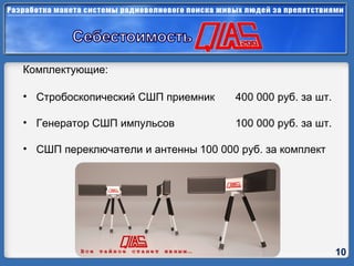 Комплектующие: Стробоскопический СШП   приемник  400 000   руб. за шт.  Генератор СШП импульсов 100 000 руб. за шт. СШП переключатели и антенны 100 000 руб. за комплект 