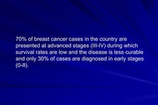 70% of breast cancer cases in the country are
presented at advanced stages (III-IV) during which
survival rates are low and the disease is less curable
and only 30% of cases are diagnosed in early stages
(0-II).
 