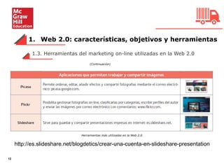 1. Web 2.0: características, objetivos y herramientas
12
1.3. Herramientas del marketing on-line utilizadas en la Web 2.0
(Continuación)
Herramientas más utilizadas en la Web 2.0.
http://es.slideshare.net/blogdetics/crear-una-cuenta-en-slideshare-presentation
 
