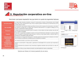 2. Reputación corporativa on-line
15
Para tener una buena reputación hay que tener en cuenta los siguientes factores:
Factores que influyen en la buena reputación de una marca.
 