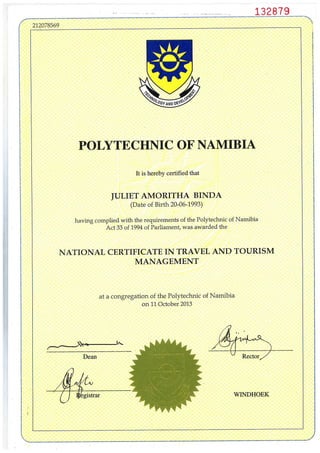 Certificate of Travel and Tourism