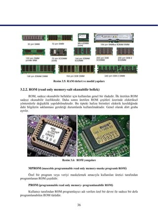 Resim 3.5: RAM türleri ve modül yapıları

3.2.2. ROM (read only memory-salt okunabilir bellek)
       ROM, sadece okunabilir bellekler için kullanılan genel bir ifadedir. Ġlk üretilen ROM
sadece okunabilir özelliktedir. Daha sonra üretilen ROM çeĢitleri üzerinde elektriksel
yöntemlerle değiĢiklik yapılabilmektedir. Bu tipteki hafıza birimleri elektrik kesildiğinde
dahi bilgilerin saklanması gerektiği durumlarda kullanılmaktadır. Genel olarak dört gruba
ayrılır.




                                Resim 3.6: ROM yongaları

      MPROM (masceble programmable read only memory-maske programlı ROM)

      Özel bir program veya veriyi maskelemek amacıyla kullanılan üretici tarafından
programlanan ROM çeĢididir.

      PROM (programmable read only memory- programlanabilir ROM)

      Kullanıcı tarafından ROM programlayıcı adı verilen özel bir devre ile sadece bir defa
programlanabilen ROM türüdür.


                                            36
 