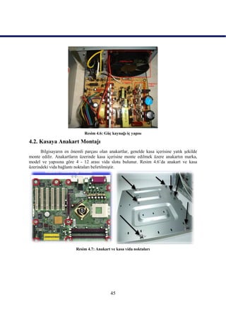 Resim 4.6: Güç kaynağı iç yapısı

4.2. Kasaya Anakart Montajı
      Bilgisayarın en önemli parçası olan anakartlar, genelde kasa içerisine yatık Ģekilde
monte edilir. Anakartların üzerinde kasa içerisine monte edilmek üzere anakartın marka,
model ve yapısına göre 4 - 12 arası vida slotu bulunur. Resim 4.6’da anakart ve kasa
üzerindeki vida bağlantı noktaları belirtilmiĢtir.




                         Resim 4.7: Anakart ve kasa vida noktaları




                                            45
 