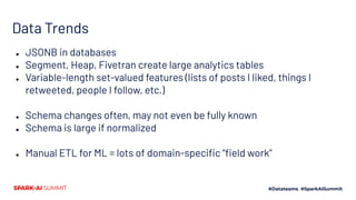 Data Trends
● JSONB in databases
● Segment, Heap, Fivetran create large analytics tables
● Variable-length set-valued features (lists of posts I liked, things I
retweeted, people I follow, etc.)
● Schema changes often, may not even be fully known
● Schema is large if normalized
● Manual ETL for ML = lots of domain-speciﬁc “ﬁeld work”
 