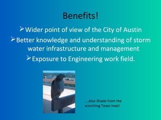 Benefits!
Wider point of view of the City of Austin
Better knowledge and understanding of storm
water infrastructure and management
Exposure to Engineering work field.
….Also Shade from the
scorching Texas heat!
 