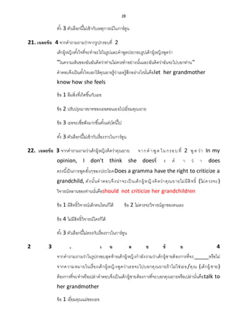 28
ทั้ง 3 ตัวเลือกนี้ไม่เข้ากับเหตุการณ์ในการ์ตูน
21. เฉลยข้อ 4 จากคาถามถามว่าจากรูปกรอบที่ 2
เด็กผู้หญิงตั้งใจที่จะทาอะไรในรูปและคาพูดประกอบรูปเด็กผู้หญิงพูดว่า
"ในความเห็นของฉันฉันคิดว่าท่านไม่ควรทาอย่างนั้นและฉันคิดว่าฉันจะไปบอกท่าน"
คาตอบจึงเป็นตั้งใจบอกให้คุณยายรู้ว่าเธอรู้สึกอย่างไรนั่นคือlet her grandmother
know how she feels
ข้อ 1 ลืมสิ่งที่เกิดขึ้นกับเธอ
ข้อ 2 ปรับปรุงมารยาทของเธอตอนเธอไปเยี่ยมคุณยาย
ข้อ 3 เธอจะเชื่อฟังมากขึ้นตั้งแต่บัดนี้ไป
ทั้ง 3 ตัวเลือกนี้ไม่เข้ากับเรื่องราวในการ์ตูน
22. เฉลยข้อ 3 จากคาถามถามว่าเด็กผู้หญิงคิดว่าคุณยาย จากค าพูด ในกรอบ ที่ 2 พูด ว่า In my
opinion, I don't think she doesซึ่ ง ค า ว่ า does
ตรงนี้เป็นการพูดสั้นๆของประโยคDoes a gramma have the right to criticize a
grandchild, ดังนั้นคาตอบจึงน่าจะเป็ นเด็กผู้หญิงคิดว่าคุณยายไม่มีสิทธิ์ (ไม่ควรจะ)
วิจารณ์หลานของท่านนั่นคือshould not criticize her grandchildren
ข้อ 1 มีสิทธิ์วิจารณ์เด็กคนไหนก็ได้ ข้อ 2 ไม่ควรจะวิจารณ์ลูกของตนเอง
ข้อ 4 ไม่มีสิทธิ์วิจารณ์ใครก็ได้
ทั้ง 3 ตัวเลือกนี้ไม่ตรงกับเรื่องราวในการ์ตูน
2 3 . เ ฉ ล ย ข้ อ 4
จากคาถามถามว่าในรูปกรอบสุดท้ายเด็กผู้หญิงกาลังถามว่าเด็กผู้ชายต้องการที่จะ_____หรือไม่
จากความหมายในเรื่องเด็กผู้หญิงพูดว่าเธอจะไปบอกคุณยายถ้าไม่ใช่เธอ/คุณ (เด็กผู้ ชาย)
ต้องการที่จะทาหรือเปล่าคาตอบจึงเป็นเด็กผู้ชายต้องการที่จะบอกคุณยายหรือเปล่านั่นคือtalk to
her grandmother
ข้อ 1 เยี่ยมคุณแม่ของเธอ
 