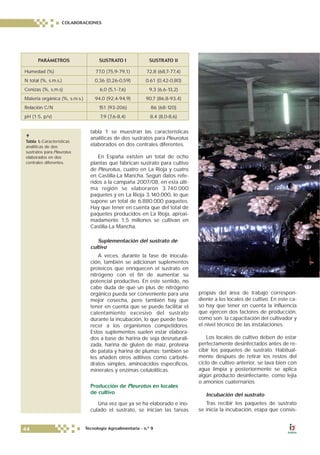 tabla 1 se muestran las características
analíticas de dos sustratos para Pleurotus
elaborados en dos centrales diferentes.
En España existen un total de ocho
plantas que fabrican sustrato para cultivo
de Pleurotus, cuatro en La Rioja y cuatro
en Castilla-La Mancha. Según datos refe-
ridos a la campaña 2007/08, en esta últi-
ma región se elaboraron 3.740.000
paquetes y en La Rioja 3.140.000, lo que
supone un total de 6.880.000 paquetes.
Hay que tener en cuenta que del total de
paquetes producidos en La Rioja, aproxi-
madamente 1,5 millones se cultivan en
Castilla-La Mancha.
Suplementación del sustrato de
cultivo
A veces, durante la fase de inocula-
ción, también se adicionan suplementos
proteicos que enriquecen el sustrato en
nitrógeno con el fin de aumentar su
potencial productivo. En este sentido, no
cabe duda de que un plus de nitrógeno
orgánico pueda ser conveniente para una
mejor cosecha, pero también hay que
tener en cuenta que se puede facilitar el
calentamiento excesivo del sustrato
durante la incubación, lo que puede favo-
recer a los organismos competidores.
Estos suplementos suelen estar elabora-
dos a base de harina de soja desnaturali-
zada, harina de gluten de maíz, proteína
de patata y harina de plumas; también se
les añaden otros aditivos como carbohi-
dratos simples, aminoácidos específicos,
minerales y enzimas celulolíticas.
Producción de Pleurotus en locales
de cultivo
Una vez que ya se ha elaborado e ino-
culado el sustrato, se inician las tareas
propias del área de trabajo correspon-
diente a los locales de cultivo. En este ca-
so hay que tener en cuenta la influencia
que ejercen dos factores de producción,
como son: la capacitación del cultivador y
el nivel técnico de las instalaciones.
Los locales de cultivo deben de estar
perfectamente desinfectados antes de re-
cibir los paquetes de sustrato. Habitual-
mente después de retirar los restos del
ciclo de cultivo anterior, se lava bien con
agua limpia y posteriormente se aplica
algún producto desinfectante, como lejía
o amonios cuaternarios.
Incubación del sustrato
Tras recibir los paquetes de sustrato
se inicia la incubación, etapa que consis-
Tabla 1.-Características
analíticas de dos
sustratos para Pleurotus
elaborados en dos
centrales diferentes.
COLABORACIONES
44 Tecnología Agroalimentaria - n.º 9
PARÁMETROS SUSTRATO I SUSTRATO II
Humedad (%) 77,0 (75,9-79,1) 72,8 (68,7-77,4)
N total (%, s.m.s.) 0,36 (0,26-0,59) 0,61 (0,42-0,80)
Cenizas (%, s.m.s) 6,0 (5,1-7,6) 9,3 (6,6-13,2)
Materia orgánica (%, s.m.s.) 94,0 (92,4-94,9) 90,7 (86,8-93,4)
Relación C/N 151 (93-206) 86 (68-120)
pH (1:5, p/v) 7,9 (7,6-8,4) 8,4 (8,0-8,6)
 