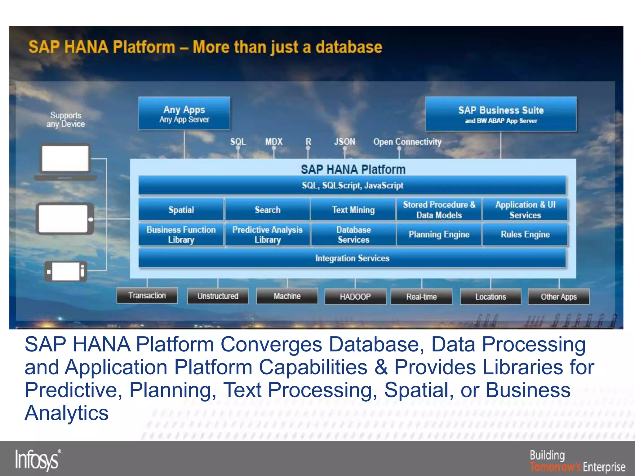 SAP HANA Platform Converges Database, Data Processing
and Application Platform Capabilities & Provides Libraries for
Predictive, Planning, Text Processing, Spatial, or Business
Analytics
 