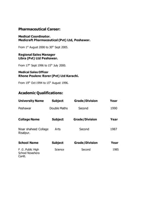 Pharmaceutical Career:
Medical Coordinator.
Medicraft Pharmaceutical (Pvt) Ltd, Peshawar.
From 1st
August 2000 to 30th
Sept 2005.
Regional Sales Manager
Libra (Pvt) Ltd Peshawar.
From 17th
Sept 1996 to 15th
July 2000.
Medical Sales Officer
Rhone Poulenc Rorer (Pvt) Ltd Karachi.
From 19th
Oct 1994 to 15th
August 1996.
Academic Qualifications:
University Name Subject Grade/Division Year
Peshawar Double Maths Second 1990
Collage Name Subject Grade/Division Year
Nisar shaheed Collage Arts Second 1987
Risalpur.
School Name Subject Grade/Division Year
F .G .Public High Science Second 1985
School Nowshera
Cantt.
 