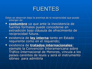 FUENTES
FUENTES
Estas se observan bajo la premisa de la reciprocidad que puede
Estas se observan bajo la premisa de la reciprocidad que puede
emerger de:
emerger de:
 costumbre
costumbre ya que ante la inexistencia de
ya que ante la inexistencia de
fuentes formales puede concederse en
fuentes formales puede concederse en
extradición bajo cláusula de ofrecimiento de
extradición bajo cláusula de ofrecimiento de
reciprocidad futura.
reciprocidad futura.
 existencia de
existencia de ley interna
ley interna tanto en Estado
tanto en Estado
requirente como en el requerido;
requirente como en el requerido;
 existencia de
existencia de tratados internacionales
tratados internacionales;
;
ejemplo la Convención Interamericana sobre
ejemplo la Convención Interamericana sobre
Tráfico Internacional de Menores, vincula a los
Tráfico Internacional de Menores, vincula a los
países carentes de leyes y será el instrumento
países carentes de leyes y será el instrumento
idóneo para admitirla
idóneo para admitirla
 