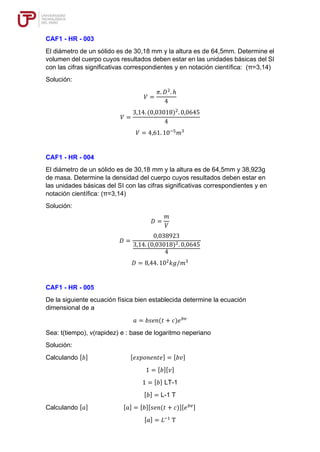 CAF1 - HR - 003
El diámetro de un sólido es de 30,18 mm y la altura es de 64,5mm. Determine el
volumen del cuerpo cuyos resultados deben estar en las unidades básicas del SI
con las cifras significativas correspondientes y en notación científica: (π=3,14)
Solución:
𝑉 =
𝜋. 𝐷2
. ℎ
4
𝑉 =
3,14. (0,03018)2
. 0,0645
4
𝑉 = 4,61. 10−5
𝑚3
CAF1 - HR - 004
El diámetro de un sólido es de 30,18 mm y la altura es de 64,5mm y 38,923g
de masa. Determine la densidad del cuerpo cuyos resultados deben estar en
las unidades básicas del SI con las cifras significativas correspondientes y en
notación científica: (π=3,14)
Solución:
𝐷 =
𝑚
𝑉
𝐷 =
0,038923
3,14. (0,03018)2. 0,0645
4
𝐷 = 8,44. 102
𝑘𝑔/𝑚3
CAF1 - HR - 005
De la siguiente ecuación física bien establecida determine la ecuación
dimensional de a
𝑎 = 𝑏𝑠𝑒𝑛(𝑡 + 𝑐)𝑒𝑏𝑣
Sea: t(tiempo), v(rapidez) e : base de logaritmo neperiano
Solución:
Calculando [𝑏] [𝑒𝑥𝑝𝑜𝑛𝑒𝑛𝑡𝑒] = [𝑏𝑣]
1 = [𝑏][𝑣]
1 = [𝑏] LT-1
[𝑏] = L-1 T
Calculando [𝑎] [𝑎] = [𝑏][𝑠𝑒𝑛(𝑡 + 𝑐)][𝑒𝑏𝑣]
[𝑎] = 𝐿−1
T
 