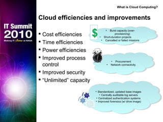  Cost efficiencies
 Time efficiencies
 Power efficiencies
 Improved process
control
 Improved security
 “Unlimited” capacity
Cloud efficiencies and improvements
• Burst capacity (over-
provisioning)
• Short-duration projects
• Cancelled or failed missions
• Burst capacity (over-
provisioning)
• Short-duration projects
• Cancelled or failed missions
$
• Procurement
• Network connectivity
• Procurement
• Network connectivity
• Standardized, updated base images
• Centrally auditable log servers
• Centralized authentication systems
• Improved forensics (w/ drive image)
• Standardized, updated base images
• Centrally auditable log servers
• Centralized authentication systems
• Improved forensics (w/ drive image)
What is Cloud Computing?
 