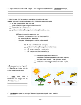 Pág.2
2.4. O que aconteceria à comunidade da figura 2 caso extinguíssemos o fitoplancton?. Fundamenta a afirmação.
__________________________________________________________________________________________________
__________________________________________________________________________________________________
__________________________________________________________________________________________________
3. “Todos os seres vivos necessitam de energia para as suas funções vitais”.
Assinala com um X a resposta mais correcta para completares as seguintes frases.
3.1. Os seres autotróficos são seres vivos que:
___ - produzem matéria orgânica a partir de matéria mineral.
___ - se alimentam de outros seres vivos.
___ - produzem matéria orgânica a partir de matéria orgânica e da luz solar.
3.2. Os seres consumidores são seres que:
___ - produzem matéria orgânica a partir de matéria orgânica.
___ - se alimentam de outros seres vivos.
___ - produzem matéria orgânica a partir de matéria mineral.
3.3. Os seres heterotróficos são seres que :
___ - produzem matéria orgânica a partir de matéria mineral.
___ - são capazes de produzir o seu alimento.
___ - são incapazes e produzir o seu alimento.
3.4. Os seres decompositores são seres que:
___ - transformam a matéria orgânica morta em matéria inorgânica.
___ - produzem matéria orgânica a partir de matéria orgânica.
___ - transformam a matéria orgânica morta em matéria orgânica.
4. Observa, atentamente, a figura 3
4.1. Identifica a principal fonte de
energia nesta cadeia alimentar.
______________________________
4.2. Refere como varia a
transferência de energia entre os
diferentes seres vivos.
______________________________
______________________________
______________________________
______________________________
4.3. Apresenta duas razões da diminuição de energia disponível ao longo da cadeia alimentar.
_______________________________________________________________________________________________
 
