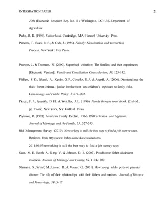 INTEGRATION PAPER 21
2004 (Economic Research Rep. No. 11). Washington, DC: U.S. Department of
Agriculture.
Parke, R. D. (1996). Fatherhood. Cambridge, MA: Harvard University Press
Parsons, T., Bales, R. F., & Olds, J. (1955). Family: Socialization and Interaction
Process. New York: Free Press.
Pearson, J., & Thoennes, N. (2000). Supervised visitation: The families and their experiences
[Electronic Version]. Family and Conciliation Courts Review, 38, 123-142.
Phillips, S. D., Erkanli, A., Keeler, G. P., Costello, E. J., & Angold, A. (2006). Disentangling the
risks: Parent criminal justice involvement and children’s exposure to family risks.
Criminology and Public Policy, 5, 677–702.
Piercy, F. P., Sprenkle, D. H., & Wetchler, J. L. (1996). Family therapy sourcebook. (2nd ed.,
pp. 25-49). New York, NY: Guilford Press.
Popenoe, D. (1993). American Family Decline, 1960-1990: a Review and Appraisal.
Journal of Marriage and the Family, 55, 527-555.
Risk Management Survey. (2010). Networking is still the best way to find a job, survey says.
Retrieved from http://www.forbes.com/sites/susanadams/
2011/06/07/networking-is-still-the-best-way-to-find-a-job-survey-says/
Scott, M. E., Booth, A., King, V., & Johnson, D. R. (2007). Postdivorce father-adolescent
closeness. Journal of Marriage and Family, 69, 1194-1209.
Shulman, S., Scharf, M., Lumer, D., & Maurer, O. (2001). How young adults perceive parental
divorce: The role of their relationships with their fathers and mothers. Journal of Divorce
and Remarriage, 34, 3–17.
 