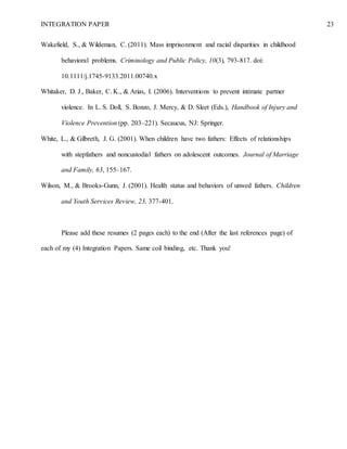 INTEGRATION PAPER 23
Wakefield, S., & Wildeman, C. (2011). Mass imprisonment and racial disparities in childhood
behavioral problems. Criminology and Public Policy, 10(3), 793-817. doi:
10.1111/j.1745-9133.2011.00740.x
Whitaker, D. J., Baker, C. K., & Arias, I. (2006). Interventions to prevent intimate partner
violence. In L. S. Doll, S. Bonzo, J. Mercy, & D. Sleet (Eds.), Handbook of Injury and
Violence Prevention (pp. 203–221). Secaucus, NJ: Springer.
White, L., & Gilbreth, J. G. (2001). When children have two fathers: Effects of relationships
with stepfathers and noncustodial fathers on adolescent outcomes. Journal of Marriage
and Family, 63, 155–167.
Wilson, M., & Brooks-Gunn, J. (2001). Health status and behaviors of unwed fathers. Children
and Youth Services Review, 23, 377-401.
Please add these resumes (2 pages each) to the end (After the last references page) of
each of my (4) Integration Papers. Same coil binding, etc. Thank you!
 
