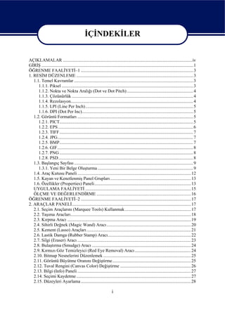 İÇİNDEKİLER


AÇIKLAMALAR ...................................................................................................................iv
GİRİŞ ....................................................................................................................................... 1
ÖĞRENME FAALİYETİ–1 .................................................................................................... 3
1. RESİM DÜZENLEME ........................................................................................................ 3
   1.1. Temel Kavramlar .......................................................................................................... 3
      1.1.1. Piksel ..................................................................................................................... 3
      1.1.2. Nokta ve Nokta Aralığı (Dot ve Dot Pitch) ........................................................... 4
      1.1.3. Çözünürlük ............................................................................................................ 4
      1.1.4. Rezolasyon............................................................................................................. 4
      1.1.5. LPI (Line Per Inch)................................................................................................ 5
      1.1.6. DPI (Dot Per Inc)................................................................................................... 5
   1.2. Görüntü Formatları ....................................................................................................... 5
      1.2.1. PICT....................................................................................................................... 5
      1.2.2. EPS ........................................................................................................................ 6
      1.2.3. TIFF ....................................................................................................................... 7
      1.2.4. JPG......................................................................................................................... 7
      1.2.5. BMP....................................................................................................................... 7
      1.2.6. GIF......................................................................................................................... 8
      1.2.7. PNG ....................................................................................................................... 8
      1.2.8. PSD........................................................................................................................ 8
   1.3. Başlangıç Sayfası .......................................................................................................... 9
      1.3.1. Yeni Bir Belge Oluşturma ..................................................................................... 9
   1.4. Araç Kutusu Paneli ..................................................................................................... 12
   1.5. Kayan ve Kenetlenmiş Panel Grupları........................................................................ 13
   1.6. Özellikler (Properties) Paneli...................................................................................... 13
   UYGULAMA FAALİYETİ .............................................................................................. 15
   ÖLÇME VE DEĞERLENDİRME .................................................................................... 16
ÖĞRENME FAALİYETİ–2 .................................................................................................. 17
2. ARAÇLAR PANELİ.......................................................................................................... 17
   2.1. Seçim Araçlarını (Marquee Tools) Kullanmak........................................................... 17
   2.2. Taşıma Aracları........................................................................................................... 18
   2.3. Kırpma Aracı .............................................................................................................. 19
   2.4. Sihirli Değnek (Magic Wand) Aracı ........................................................................... 20
   2.5. Kement (Lasso) Araçları............................................................................................. 21
   2.6. Lastik Damga (Rubber Stamp) Aracı.......................................................................... 22
   2.7. Silgi (Eraser) Aracı ..................................................................................................... 23
   2.8. Bulaştırma (Smudge) Aracı ........................................................................................ 24
   2.9. Kırmızı Göz Temizleyici (Red Eye Removal) Aracı .................................................. 24
   2.10. Bitmap Nesnelerini Düzenlemek .............................................................................. 25
   2.11. Görüntü Büyütme Oranını Değiştirme...................................................................... 25
   2.12. Tuval Rengini (Canvas Color) Değiştirme ............................................................... 26
   2.13. Bilgi (Info) Paneli ..................................................................................................... 27
   2.14. Seçimi Kaydetme ...................................................................................................... 27
   2.15. Düzeyleri Ayarlama .................................................................................................. 28

                                                                      i
 