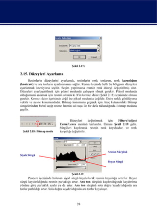 Şekil 2.17c

2.15. Düzeyleri Ayarlama
       Resimlerin düzeylerini ayarlamak, resimlerin renk tonlarını, renk karşıtlığını
(kontrast) ve ara tonların ayarlanmasını sağlar. Resim üzerinde belli bir bölgenin düzeyleri
ayarlanmak isteniyorsa seçilir. Seçim yapılmazsa resmin renk düzeyi değiştirilmiş olur.
Düzeyleri ayarlayabilmek için piksel modunda çalışıyor olmak gerekir. Piksel modunda
olduğumuzu anlamak için resmin altında ki X'in kırmızı daire (Şekil 2.18) içerisinde olması
gerekir. Kırmızı daire içerisinde değil ise piksel modunda değildir. Daire soluk görülüyorsa
vektör ve nesne konumundadır. Bitmap konumuna geçmek için Araç kutusundaki Bitmap
simgelerinden birini seçip resme farenin sol tuşu ile bir defa tıklandığında Bitmap moduna
geçilir.


                                        Düzeyleri       değiştirmek için Filters/Adjust
                               Color/Leves menüsü kullanılır. Ekrana Şekil 2.19 gelir.
                               Sürgüleri kaydırarak resmin renk koyulukları ve renk
  Şekil 2.18: Bitmap modu      karşıtlığı değiştirilir.




                                                                     Araton Sürgüsü
Siyah Sürgü

                                                                     Beyaz Sürgü



                                        Şekil 2.19
       Pencere içerisinde bulunan siyah sürgü kaydırılarak resmin koyuluğu artırılır. Beyaz
sürgü kaydırıldığında resmin parlaklığı artar. Ara ton sürgüsü kaydırıldığında kaydırılma
yönüne göre parlaklık azalır ya da artar. Ara ton sürgüsü sola doğru kaydırıldığında ara
tonlar parlaklığı artar. Sola doğru kaydırıldığında ara tonlar koyulaşır.



                                            28
 