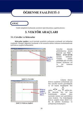ÖĞRENME FAALİYETİ–3

                   ÖĞRENME FAALİYETİ–3
 AMAÇ

       Vektör araçlarını kullanarak resimlerle ilgili düzenleme yapabileceksiniz.

                      3. VEKTÖR ARAÇLARI
3.1. Cetveller ve Kılavuzlar
       Kılavuzlar (guides), tuval üzerinde nesnelerin yerleşimini ayarlamak için kullanılan
çizgilerdir. Örneğin, düğmeleri hizalamak ve bir nesnenin merkez noktasını konumlandırmak
için kılavuz çizgileri kullanılabilir.

                                                                      Cetveller       ekranda
                                                                      görünmüyorsa, ekrana
                                                                      getirmek için View /
                                                                      Rulers (Ctrl+Alt+R)
                                                       Cetveller      menüsü       kullanılır.
                                                       (Yatay ve      Yandaki          şekilde
                                                       Dikey)         görüldüğü gibi cetveller
                                                                      çalışma sayfasının sol
                                                                      ve      üst    kenarına
                                                                      yerleşirler.




                Şekil 3.1: Cetveller                                        Çalışma alanına
                                                         kılavuz çizgilerini yerleştirmek için
                                                         fare cetveller üzerine getirildiğinde
                                                         ve sol tuşuna basıldığında fare

                                            Kılavuz      imleci         veya       şeklini alır.
                                           çizgileri
                                           (Yatay ve
                                                         Bu durumda fare sol tuşu
                                           dikey)        bırakılmadan       çalışma       alanı
                                                         içerisinde istenen yere getirildikten
                                                         sonra bırakılır. Tuş bırakıldığında
                                                         kılavuz çizgileri oluşur (Şekil 3.2).
                                                         Bu da şekilleri hizalamayı ve
       Şekil 3.2: Kılavuz çizgileri                      yerleştirmeyi kolaylaştırır.

                                            38
 