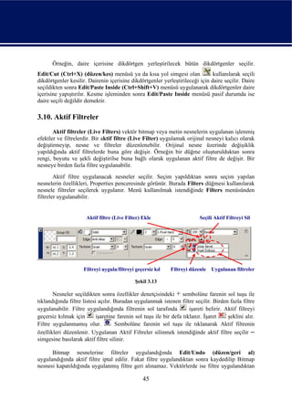 Örneğin, daire içerisine dikdörtgen yerleştirilecek bütün dikdörtgenler seçilir.
Edit/Cut (Ctrl+X) (düzen/kes) menüsü ya da kısa yol simgesi olan               kullanılarak seçili
dikdörtgenler kesilir. Dairenin içerisine dikdörtgenler yerleştirileceği için daire seçilir. Daire
seçildikten sonra Edit/Paste Inside (Ctrl+Shift+V) menüsü uygulanarak dikdörtgenler daire
içerisine yapıştırılır. Kesme işleminden sonra Edit/Paste Inside menüsü pasif durumda ise
daire seçili değildir demektir.

3.10. Aktif Filtreler
       Aktif filtreler (Live Filters) vektör bitmap veya metin nesnelerin uygulanan işlenmiş
efektler ve filtrelerdir. Bir aktif filtre (Live Filter) uygulamak orijinal nesneyi kalıcı olarak
değiştirmeyip, nesne ve filtreler düzenlenebilir. Orijinal nesne üzerinde değişiklik
yapıldığında aktif filtrelerde buna göre değişir. Örneğin bir düğme oluşturulduktan sonra
rengi, boyutu ve şekli değiştirilse buna bağlı olarak uygulanan aktif filtre de değişir. Bir
nesneye birden fazla filtre uygulanabilir.
        Aktif filtre uygulanacak nesneler seçilir. Seçim yapıldıktan sonra seçim yapılan
nesnelerin özellikleri, Properties penceresinde görünür. Burada Filters düğmesi kullanılarak
nesnele filtreler seçilerek uygulanır. Menü kullanılmak istendiğinde Filters menüsünden
filtreler uygulanabilir.


                      Aktif filtre (Live Filter) Ekle                       Seçili Aktif Filtreyi Sil




                     Filtreyi uygula/filtreyi geçersiz kıl    Filtreyi düzenle   Uygulanan filtreler

                                             Şekil 3.13

       Nesneler seçildikten sonra özellikler denetçisindeki + sembolüne farenin sol tuşu ile
tıklandığında filtre listesi açılır. Buradan uygulanmak istenen filtre seçilir. Birden fazla filtre
uygulanabilir. Filtre uygulandığında filtrenin sol tarafında           işareti belirir. Aktif filtreyi
geçersiz kılmak için        işaretine farenin sol tuşu ile bir defa tıklanır. İşaret     şeklini alır.
Filtre uygulanmamış olur.            Sembolüne farenin sol tuşu ile tıklanarak Aktif filtrenin
özellikleri düzenlenir. Uygulanan Aktif Filtreler silinmek istendiğinde aktif filtre seçilir –
simgesine basılarak aktif filtre silinir.

      Bitmap nesnelerine filtreler uygulandığında Edit/Undo (düzen/geri al)
uygulandığında aktif filtre iptal edilir. Fakat filtre uygulandıktan sonra kaydedilip Bitmap
nesnesi kapatıldığında uygulanmış filtre geri alınamaz. Vektörlerde ise filtre uygulandıktan

                                                 45
 
