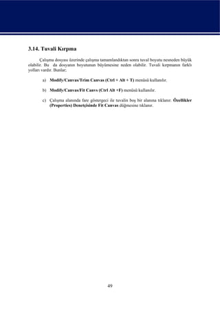 3.14. Tuvali Kırpma
       Çalışma dosyası üzerinde çalışma tamamlandıktan sonra tuval boyutu nesneden büyük
olabilir. Bu da dosyanın boyutunun büyümesine neden olabilir. Tuvali kırpmanın farklı
yolları vardır. Bunlar;

       a) Modify/Canvas/Trim Canvas (Ctrl + Alt + T) menüsü kullanılır.

       b) Modify/Canvas/Fit Canvs (Ctrl Alt +F) menüsü kullanılır.

       c) Çalışma alanında fare göstergeci ile tuvalin boş bir alanına tıklanır. Özellikler
          (Properties) Denetçisinde Fit Canvas düğmesine tıklanır.




                                           49
 